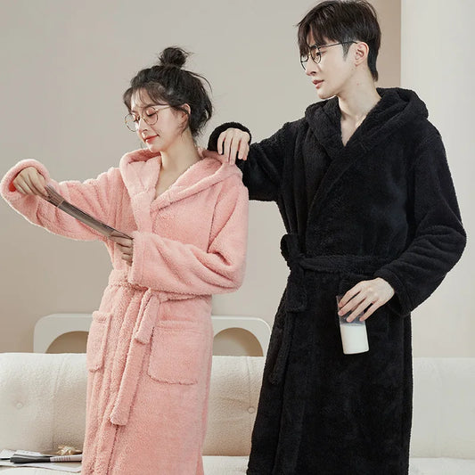 Couple's Thickened Coral Fleece Sleepwear Robe Winter Home Clothes Men's Long Coat Style Hat with Polyester Fabric