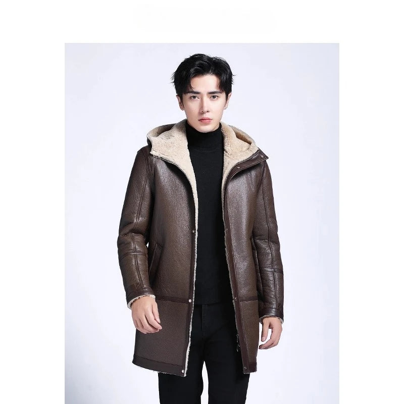 YOLANFAIRY Fashion Brown Genuine Sheepskin Leather Jacket Men Winter Mid-length Hooded Natural Fur Coat Man Warm Fur Coats Slim