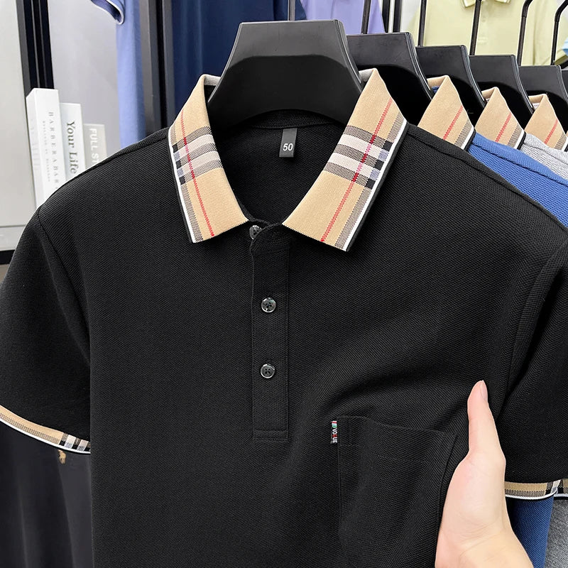 100% Pure Cotton Short Sleeved T-shirt for Men Summer Collar Middle-aged Casual Real Pocket Dad's Polo Shirt