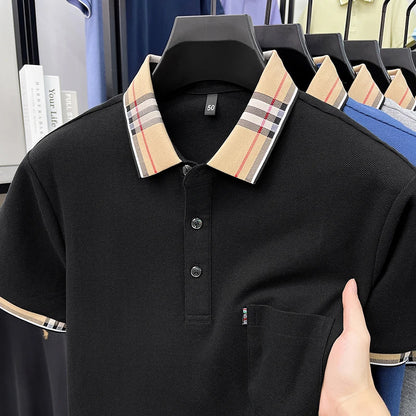 100% Pure Cotton Short Sleeved T-shirt for Men Summer Collar Middle-aged Casual Real Pocket Dad's Polo Shirt