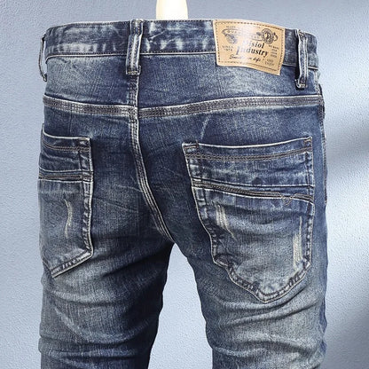 Y2K Fashion New High-Quality Jeans Scratch Wash Nostalgic Stretch Slim Fit Retro Blue Men's Jeans Designer High-Quality Jean