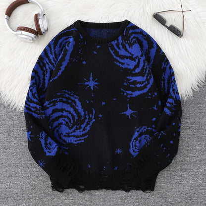Men's Autumn and Winter Street Style Ripped Abstract Starry Sky Pattern Pullover Sweater, Casual Crew Neck Knit Men's Pullover, Regular Fit, Suitable for Autumn and Winter Seasons