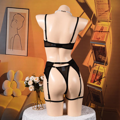 Ellolace Solid Lingeries Sexy Hot Elegant Bra Belt Thong 3PC with Leg Circles Cute Intimate Seductive Lace Tempted Underwear