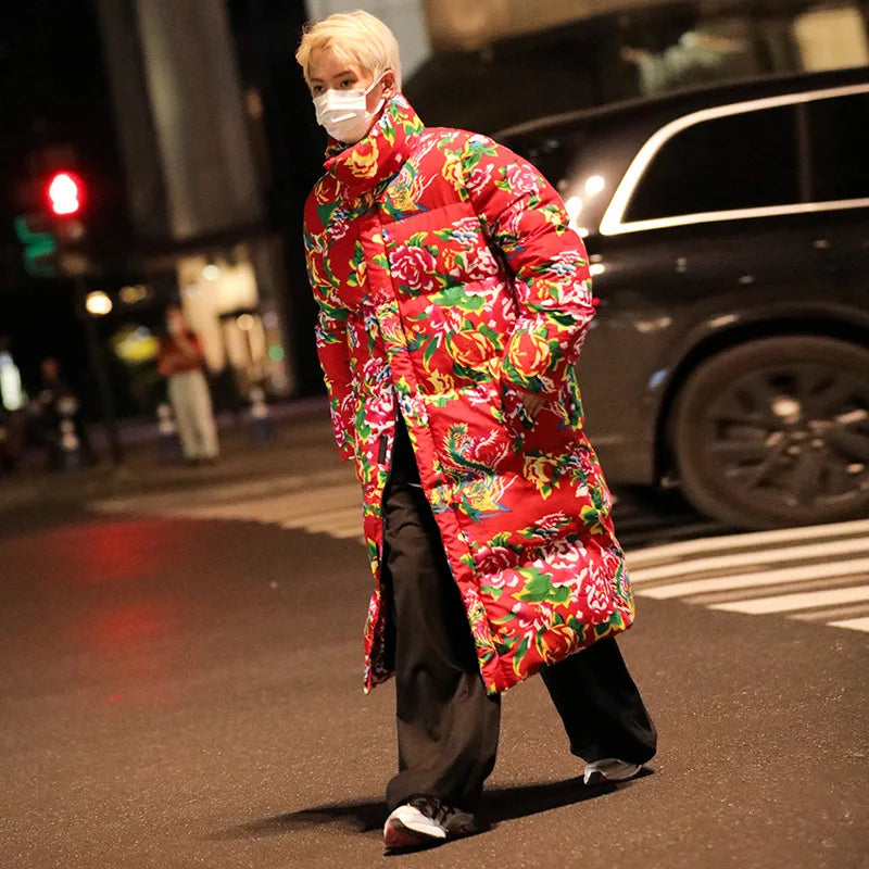 Thickened Long over Knee Hooded Fleece Lined Northeast Big Flower Coat Men's Cotton Jacket Youth Fashion Sport Scene Casual Coat
