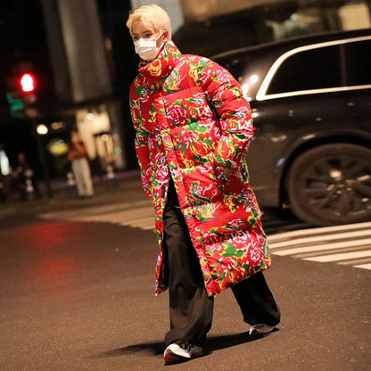 Thickened Long over Knee Hooded Fleece Lined Northeast Big Flower Coat Men's Cotton Jacket Youth Fashion Sport Scene Casual Coat
