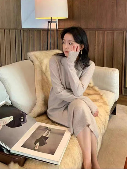 Women's Pure Cashmere Knit Dress Simple round Neck Knee-High Coat Long Sweater Skirt Autumn Winter Fashion New Arrival