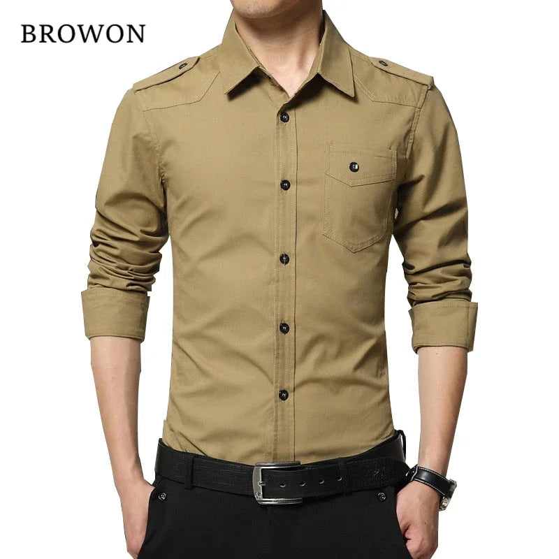 2026 Men's Epaulette Shirt Fashion Full Sleeve Epaulet Shirt Military Style 100% Cotton Army Green Shirts with Epaulets
