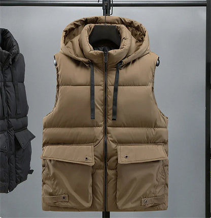 Men's Hooded Vest Winter Zipper Warm Stand Collar Waistcoat Men Cotton Padded Sleeveless Jackets with Big Pockets 2025
