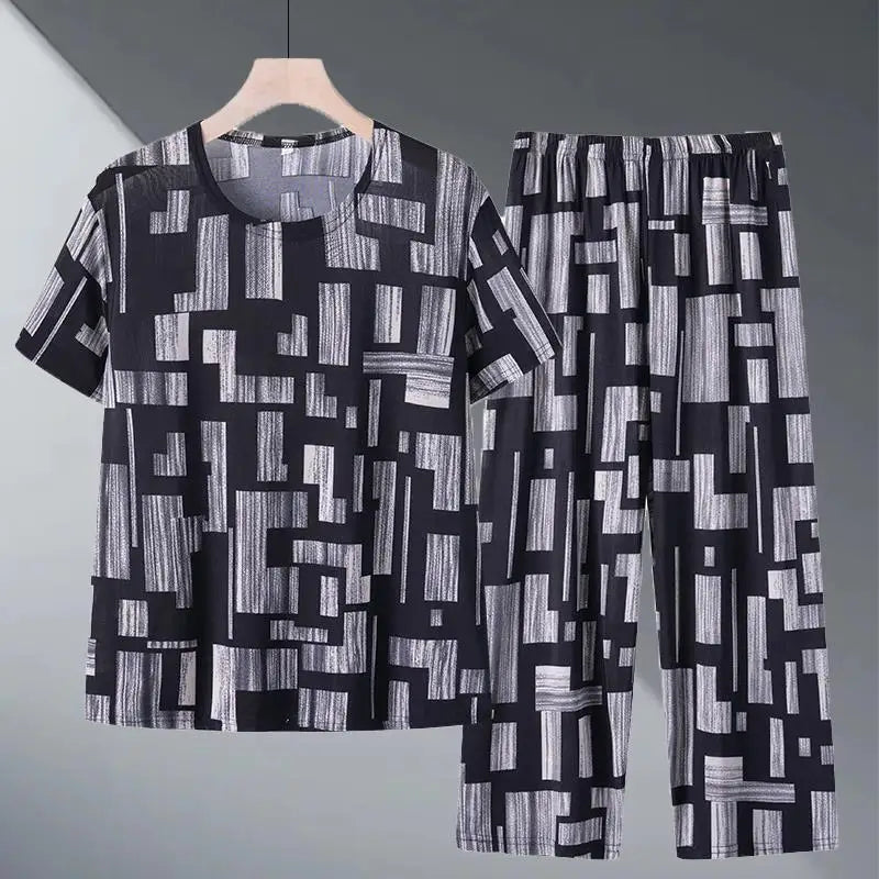 Ice Silk Two-Piece Set for Mom Summer Casual Short Sleeve Large Size Elderly Women's Fashionable Stripe And Plaid Ensemble