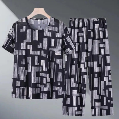 Ice Silk Two-Piece Set for Mom Summer Casual Short Sleeve Large Size Elderly Women's Fashionable Stripe And Plaid Ensemble
