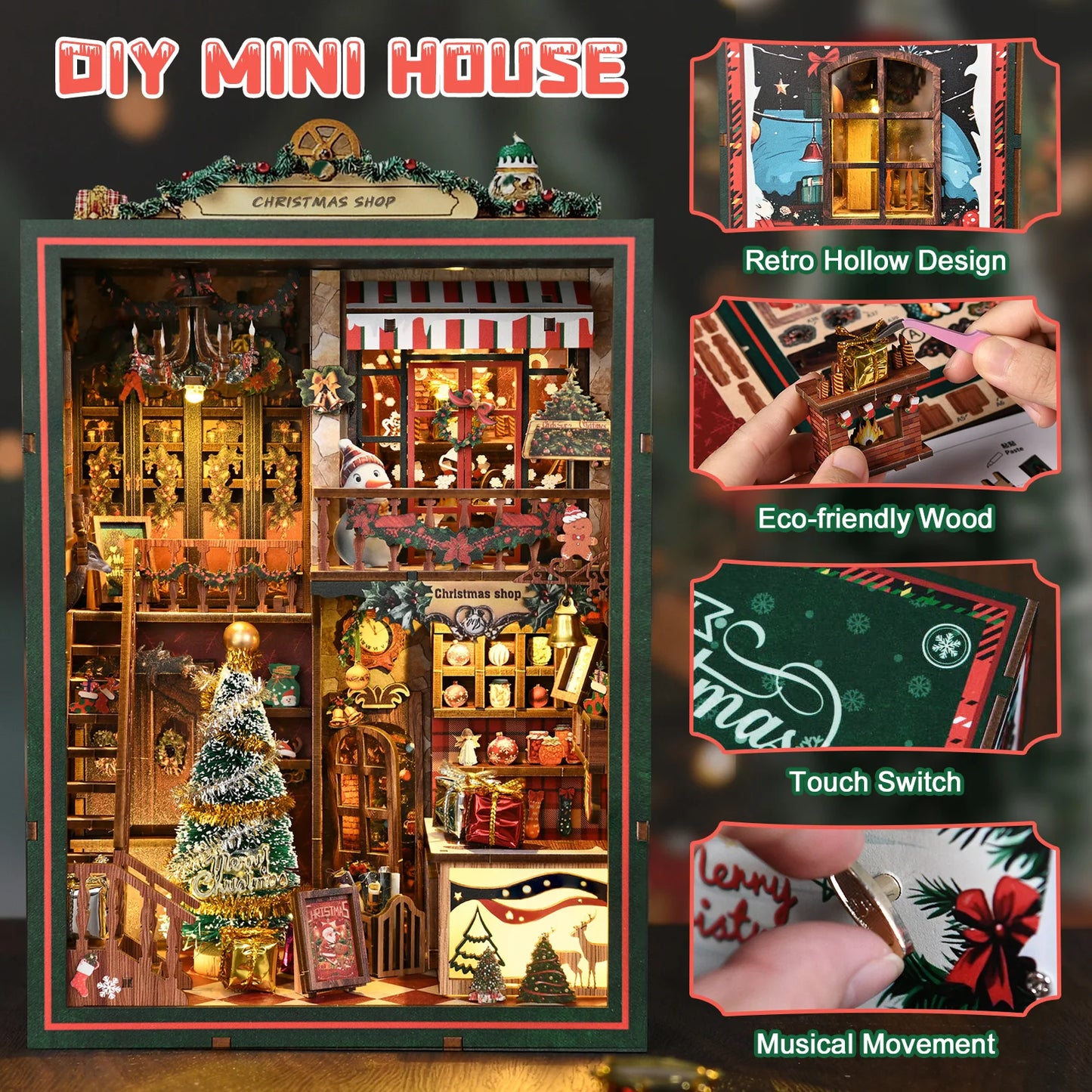 Popular DIY Christmas Book Nook Kit Miniature House with LED Light Wooden Bookshelf Insert Home Decor Holiday Gift