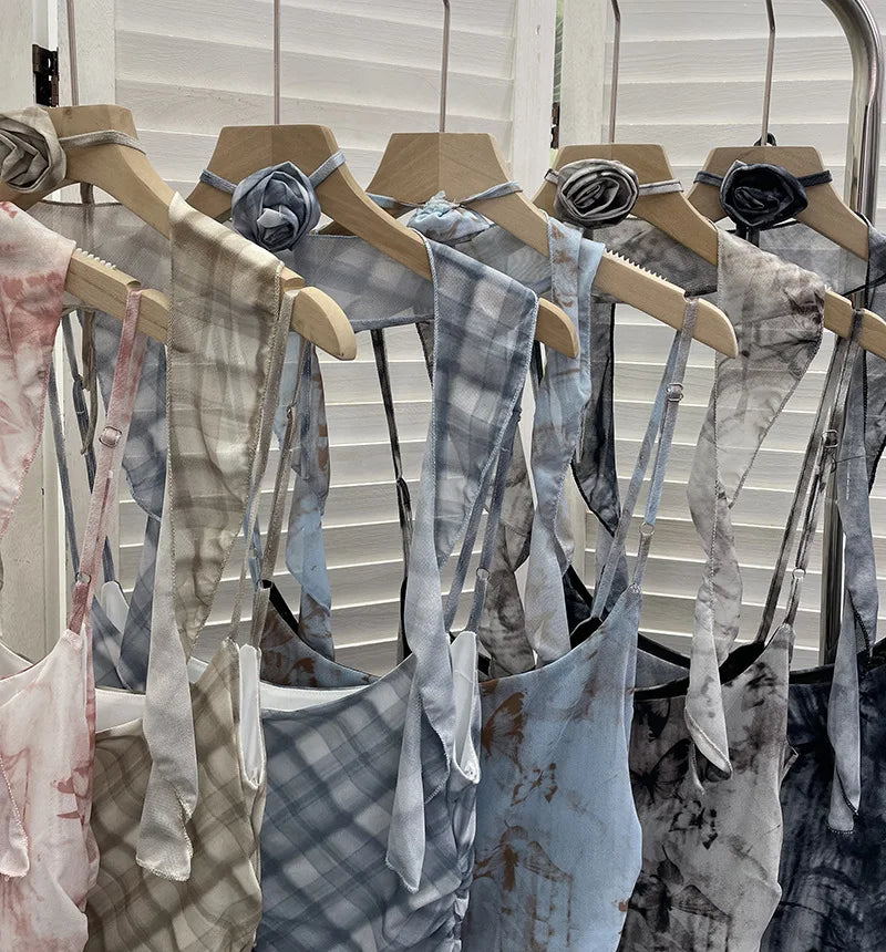 Women's Vintage Tie-dye Printed Mesh Spaghetti Strap Camisole Hot Girl Irregular Ruffled Ribbon Sleeveless Top Partyclub 1185