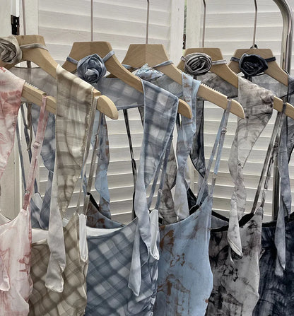 Women's Vintage Tie-dye Printed Mesh Spaghetti Strap Camisole Hot Girl Irregular Ruffled Ribbon Sleeveless Top Partyclub 1185