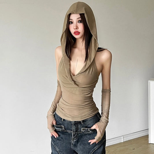 SylCue Casual With A Hat Solid Frenulum Backless Ruched Versatile Atmosphere Style Fashion Skinny Advanced Sense 2024 Hot Vest