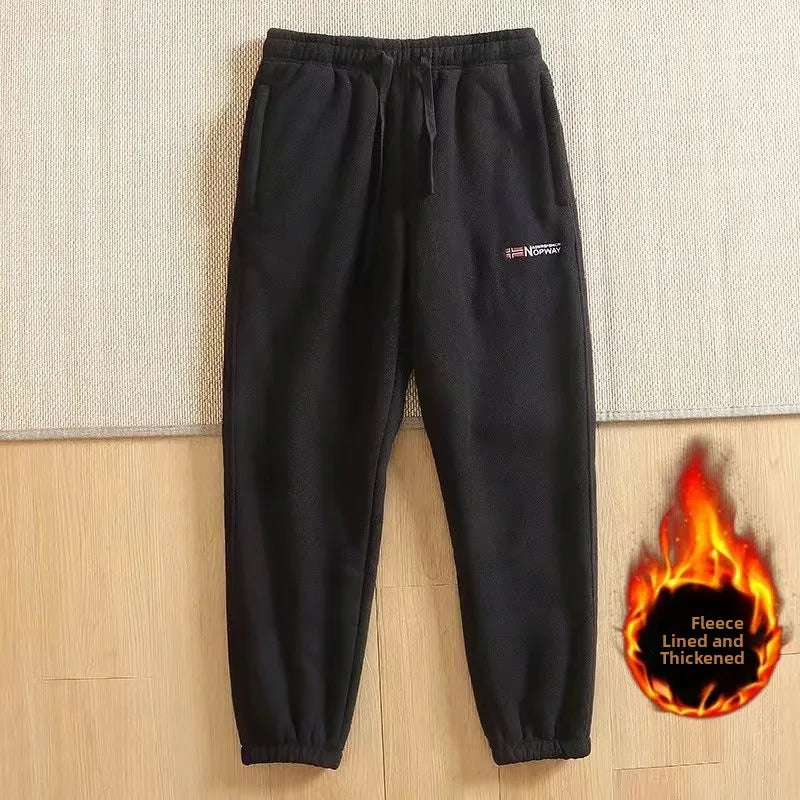 Men's Double-Sided Fleece Thickened Sweatpants Elastic Waist Casual Trousers Winter Warm Sports Leisure Pants Polyester Fiber