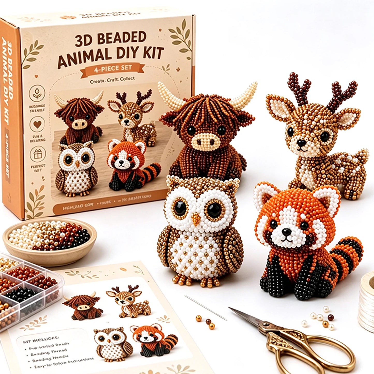 DIY 3D Animals Bead Embroidery Set with Colorful Beads Beadwork Crafts Kit for Home Studio Teens Girls Women Enthusiasts