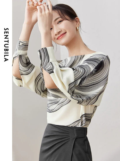 SENTUBILA Printing Chiffon Blouse For Women 2026 Spring Autumn Vintage Elegant Loose Long Sleeve Tops Woman Clothing 133V50742