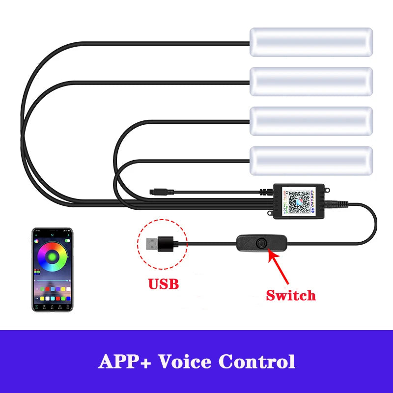 LED RGB Car Foot Ambient Light With USB Wireless Remote Voice Music APP Control Cigarette Lighter Car Footwell Lights