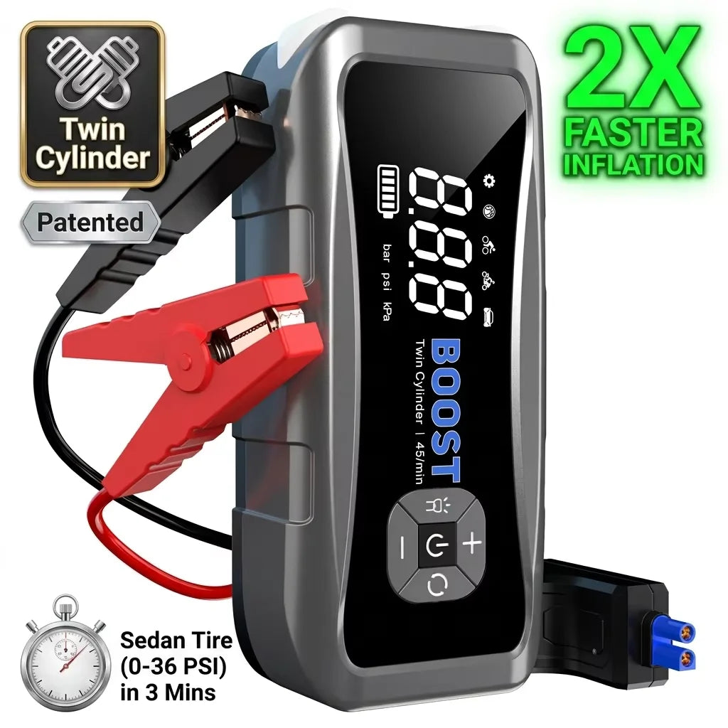 UniLink Twin-Cylinder Ultra-Fast Jump Starter & Air Compressor 16000mAh Real Capacity Car Battery Booster Patented Inflator Pro