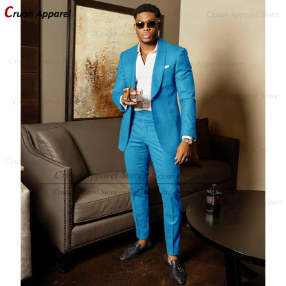 Blue Shawl Lapel Suit Male 2 Pieces Tailored Groom Wedding Suits Tuxedo Best Man Blazer Pants Trendy Fashion Marriage Costume