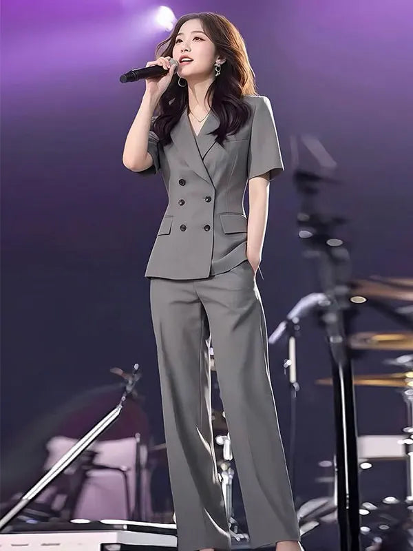 Elegant Short Sleeve Suit Set Women's Summer New Style Powerful Businesslike Top And Pants Two Pieces Set High Waist Pants