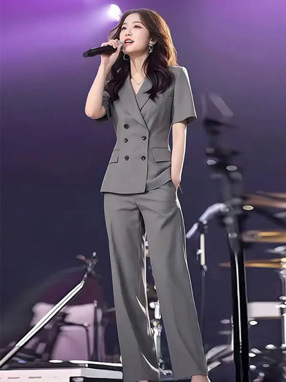 Elegant Short Sleeve Suit Set Women's Summer New Style Powerful Businesslike Top And Pants Two Pieces Set High Waist Pants