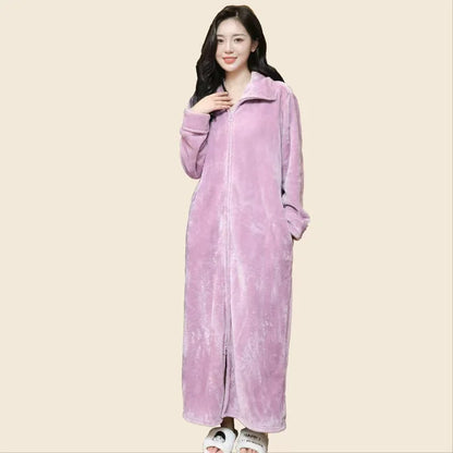 2025 New Flannel Zipper Nightgown Men Women Double-sided Thicken Flannel Pajamas Solid Color Couples One-piece Home Sleeprobe