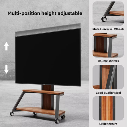 Heavy Duty Mobile TV Stand TV Cart 40-80 Inch, Portable TV Floor Stand with Wooden Shelves, Height Adjustable Holds up to 220lbs