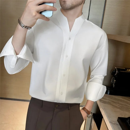 Men V-neck Shirt British Style Anti-wrinkle Soft Solid Casual Elastic Slim Fit Top Long Sleeved Dress Shirt Fashion Men Clothing
