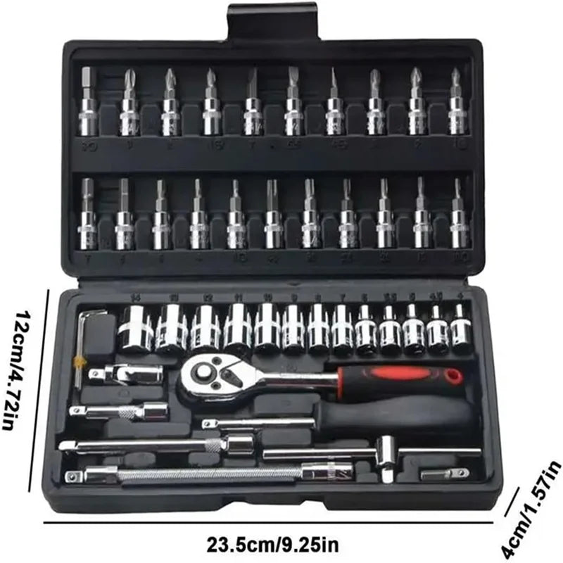 46Pcs Car Repair Tool Kit 1/4-Inch Socket Set Car Repair Tool Ratchet Torque Wrench Combo Auto Repairing Set Mechanic Tool