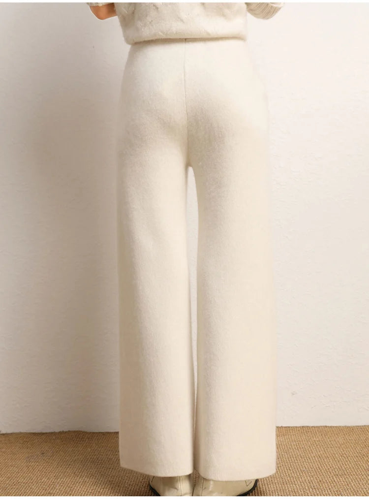 Women's 100% Cashmere Wide Leg Pants Knitted Thick Autumn/Winter Casual Solid Color Elastic Waistband Pockets