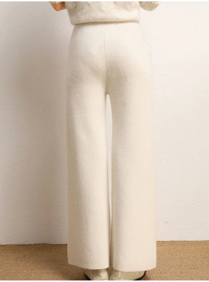 Women's 100% Cashmere Wide Leg Pants Knitted Thick Autumn/Winter Casual Solid Color Elastic Waistband Pockets