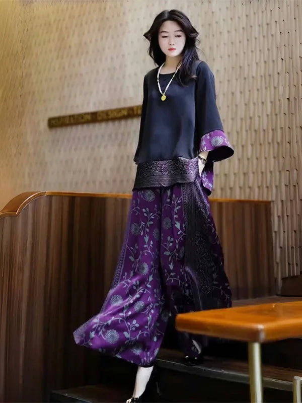 Silk Wide Leg Pants plus Size Loose Fitting Meat Covering Two Piece Set for Stylish Older Women Summer New Arrival