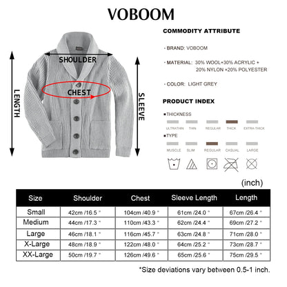 VOBOOM Samll Size S M Mens Shawl Collar Cardigan Sweater Button Down Ribbed Knit Sweaters Chunky Casual Cardigan with Pockets