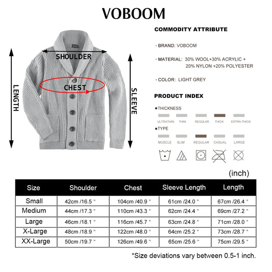 VOBOOM Samll Size S M Mens Shawl Collar Cardigan Sweater Button Down Ribbed Knit Sweaters Chunky Casual Cardigan with Pockets