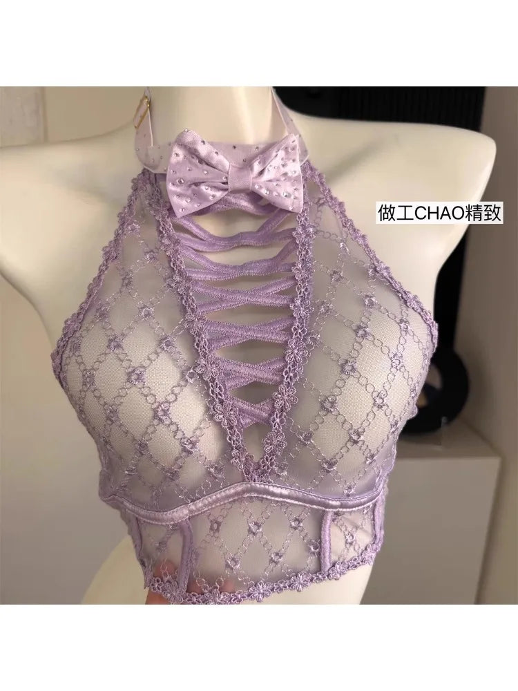 YUQI Minimizer Bra Large Cups DD+ | Sweetheart Bow Diamond Pattern Halter Top Slimming Thin Underwear Set  Womens Lingerie Set