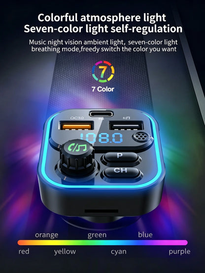 WEKOME Dual USB Fast Charging 7 Color LED Atmosphere Light Bluetooth Hands Free Car FM Transmitter with U Disk TF Card Playback