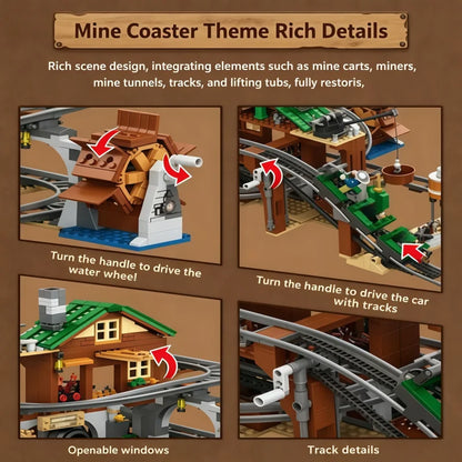 Interactive Mine Coaster Building Blocks with Full Loop Tracks, Working Winch & Water Wheel Mechanical Function, Western Wildern