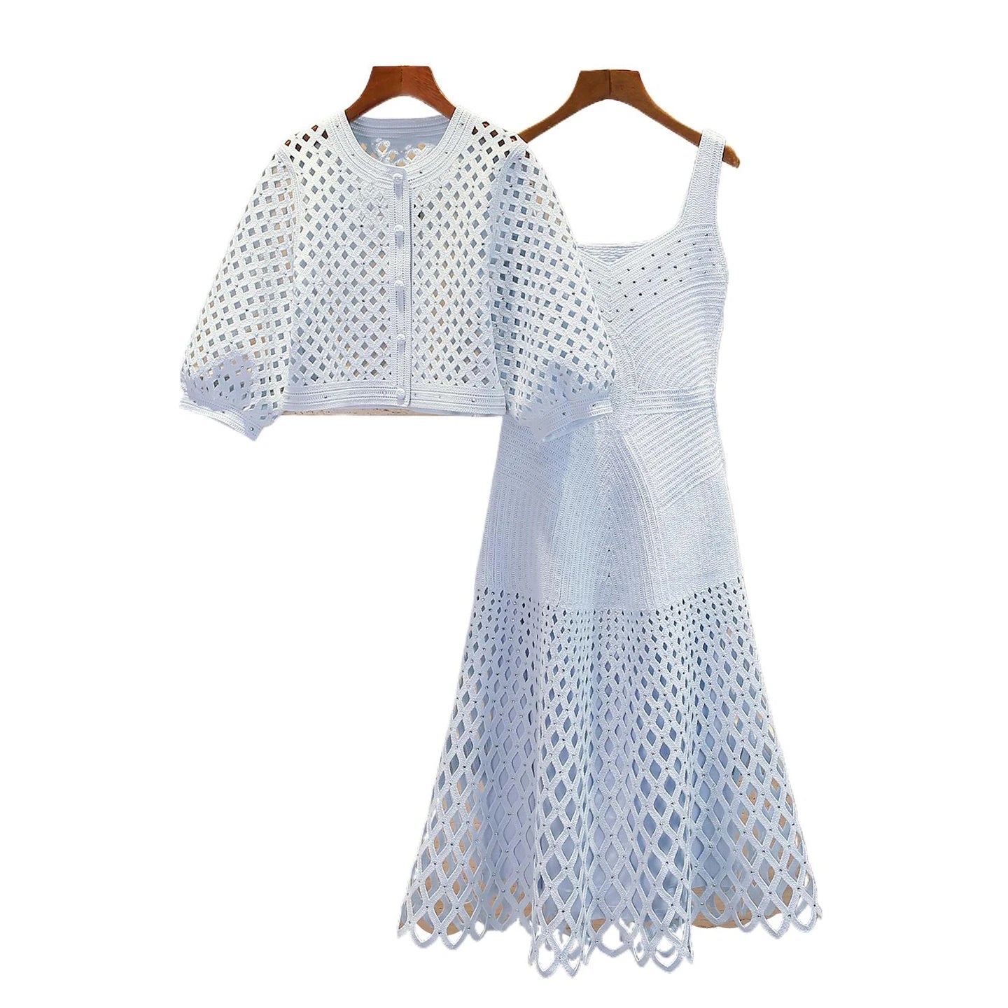 M Home Nan You High End Women's Spring 2026 Lantern Sleeve Rhinestone Knitted Jacket Strap Dress Set Fashionable Commute Style