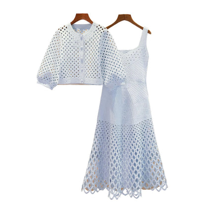M Home Nan You High End Women's Spring 2026 Lantern Sleeve Rhinestone Knitted Jacket Strap Dress Set Fashionable Commute Style