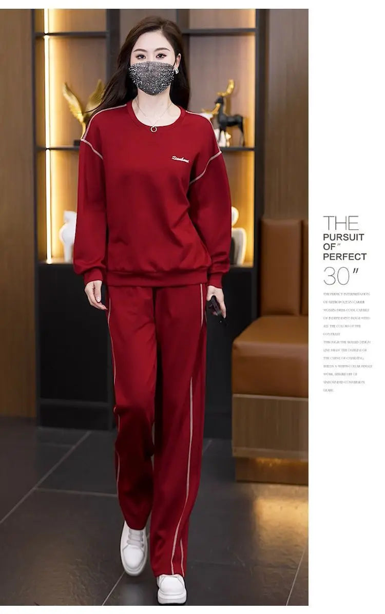 Ladies Large Size Cotton Embroidered Sportswear Set Casual Long Pants Two-Piece Fashionable Outfit for plus Size Women