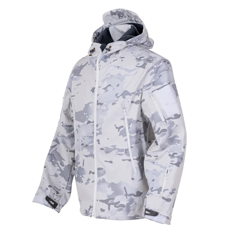 MCAP Men‘s Snow Camo Tactical Suit Softshell Jacket Pants Set Thermal Fleece Lined Hooded Underarm Zipper for Ski Hunting Winter
