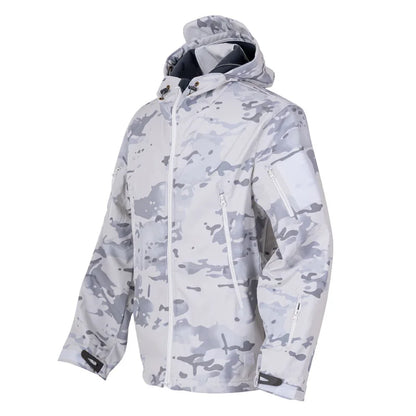 MCAP Men‘s Snow Camo Tactical Suit Softshell Jacket Pants Set Thermal Fleece Lined Hooded Underarm Zipper for Ski Hunting Winter