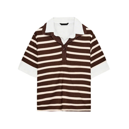 Spring New Women's Short Sleeve  Shirt Neck Splicing Stripe Pattern Casual Loose Fit Polyester Fiber Creative Design