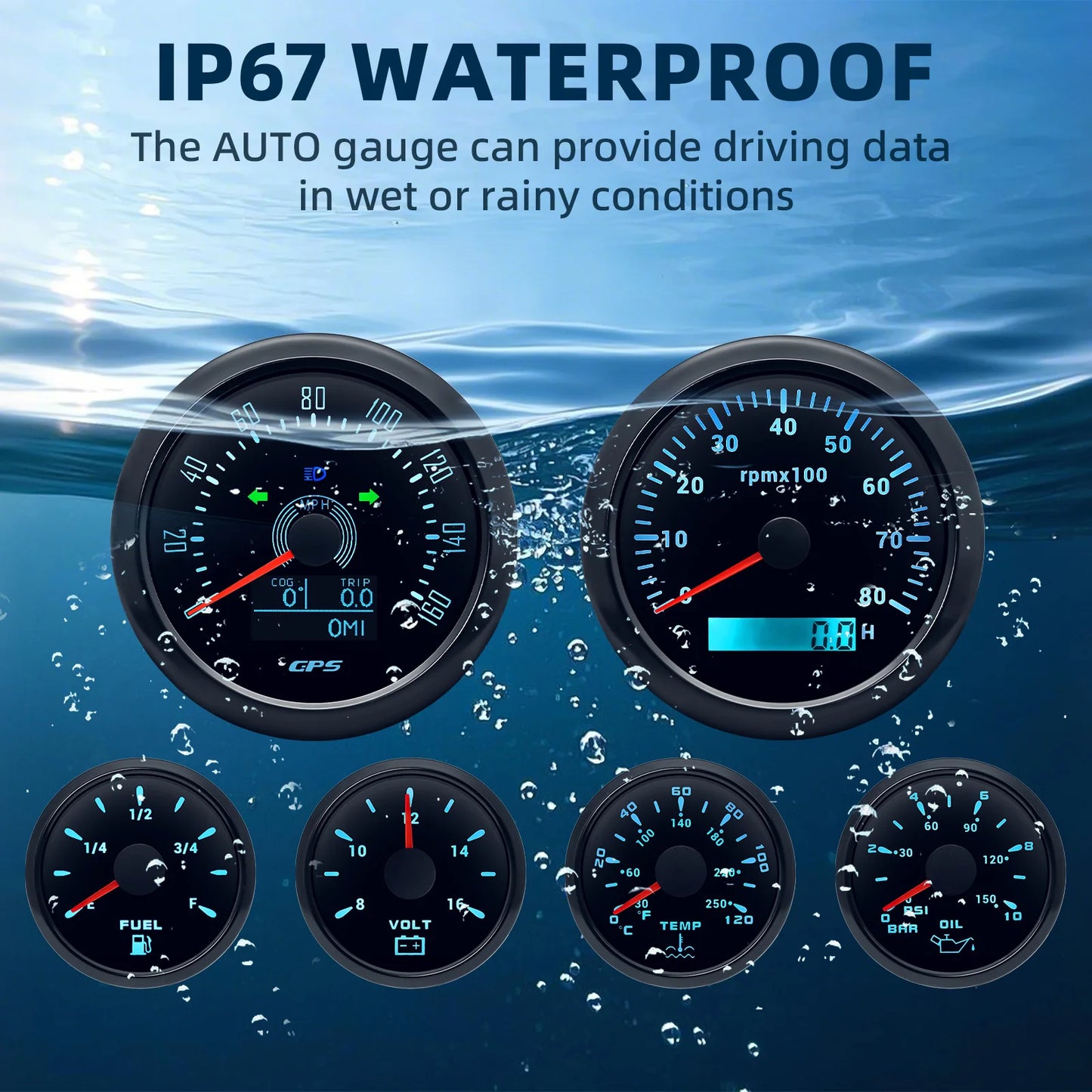 6 Gauge Kit 85mm GPS Speedometer 200KM/H Tachometer 8000RPM Fuel Level Water Temp 0-120℃ Oil Pressure Gauge 12V Voltage Meter