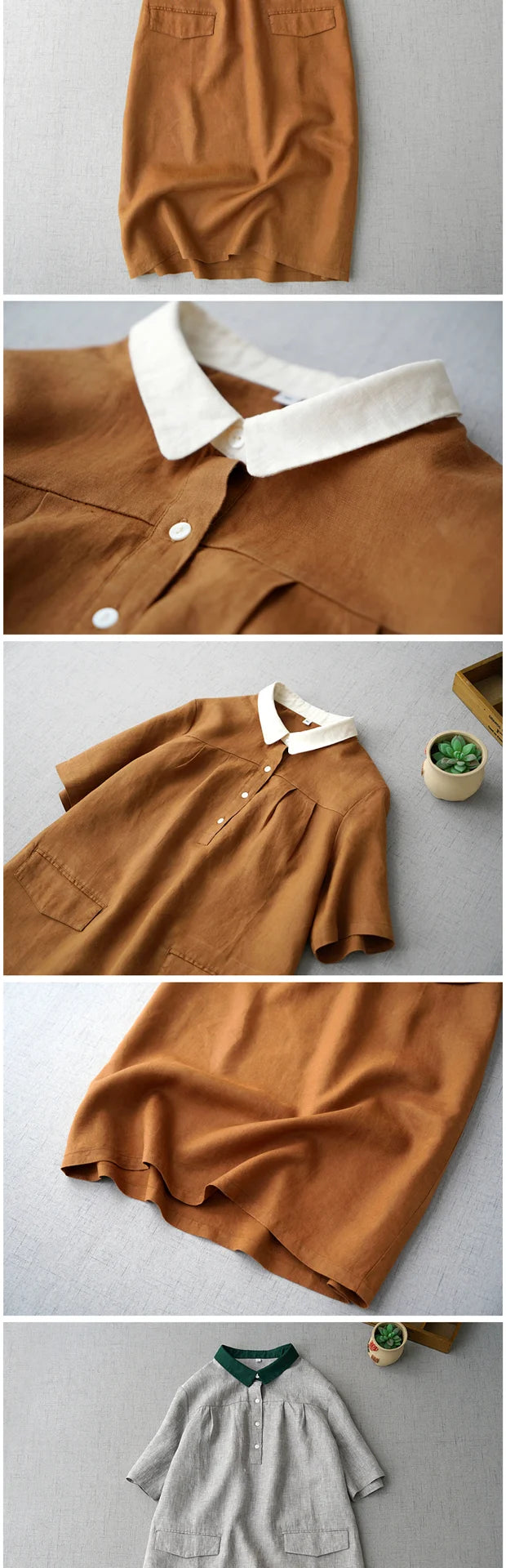 Ele Contrast Color Collar Linen ort Sve irt Dr Women's Summer New Artistic Versatile Midi Dr Comfortable A-L...