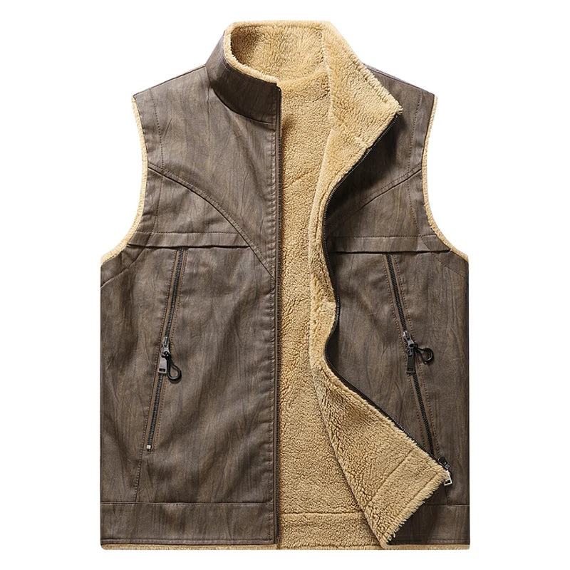 Mens Leather Vest Fleece Lined Warm Winter Motorcycle Vest Jacket Casual Leather Biker Jackets with Zipper Pocket Outwear Coat