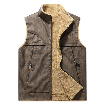 Mens Leather Vest Fleece Lined Warm Winter Motorcycle Vest Jacket Casual Leather Biker Jackets with Zipper Pocket Outwear Coat