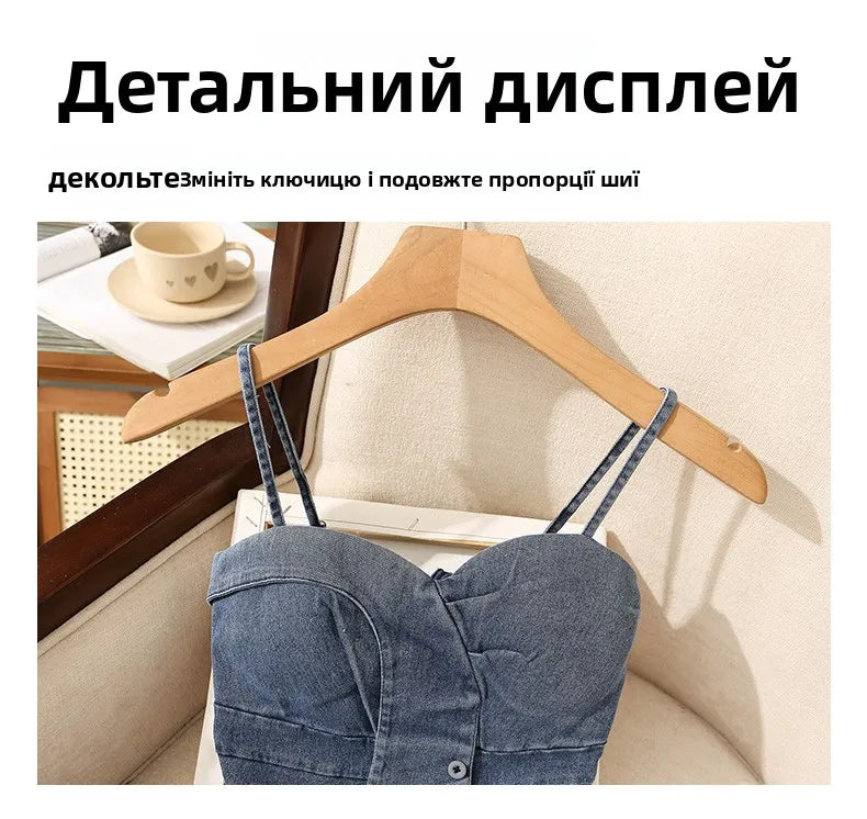 Irregular Halter Neck Denim Crop Top Women Summer Outdoor Wear with Chest Pad Slimming Sexy Girl Shirt Short Length Zipper