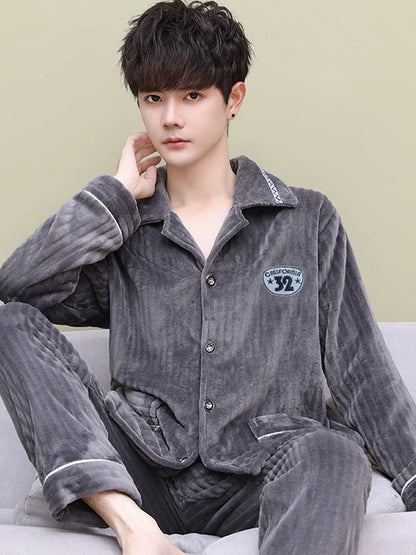 Men's Thickened Flannel Pajamas Coral Fleece Home Clothes Cardigan Set Long Sleeve Long Pants Soft Warm Winter Autumn Sleepwear